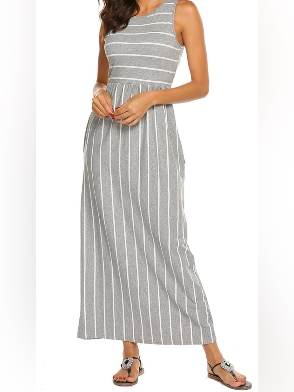 Grey and White Striped with pockets Sleeveless Maxi Dress-XL